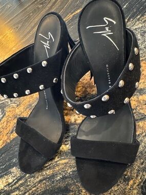 Giuseppe Zanotti Black Suede Studded Block Heel Sandals